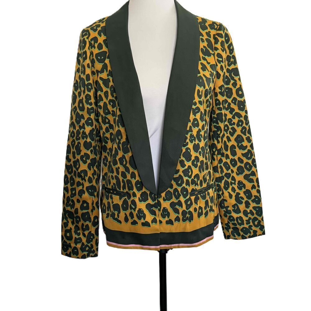 Scotch & Soda Blazer Leopard Print Jacket Crepe‎ Shawl Lapel Gold & Green XS